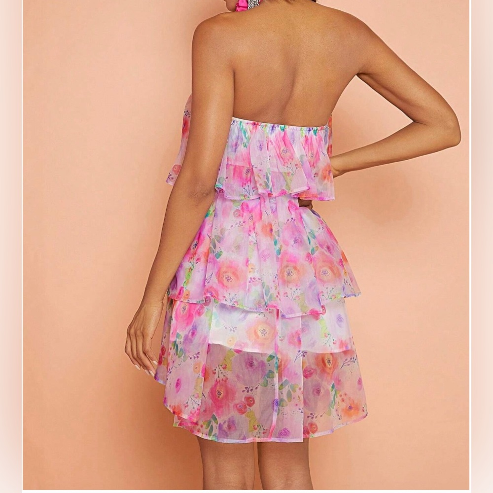 LAST ONE π₯ Boho Floral Print Layer Hem Cami Dress Pink - Picture 4 of 10